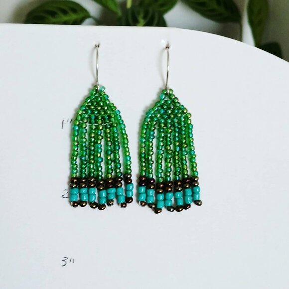 Green Beaded Fringe Dangle Earrings, 2" - Picture 6 of 6